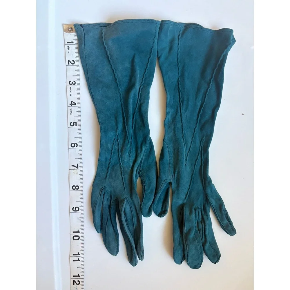 Vintage Radzelle Teal Blue Suede Mid-Length Evening Gloves